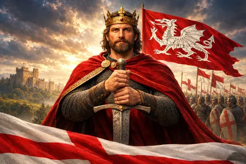 King Athelstan, crowned and in a red cloak over mail, both hands resting on a sword held point down, with a white dragon banner, a castle and ranks of soldiers under St George’s cross banners behind him