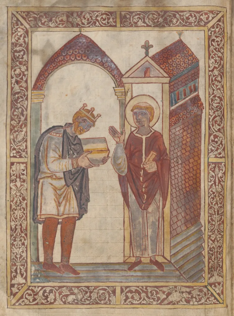 A tenth-century manuscript painting inside a border of red and gold leafy scrollwork. On the left King Æthelstan, crowned and bearded, in a pale tunic, dark cloak and red stockings, bows his head and holds out a closed book in both hands. Facing him stands St Cuthbert with a gold halo, in a red cloak, one hand raised and a small book in the other, beneath a tiled arch beside a little church topped with a cross.