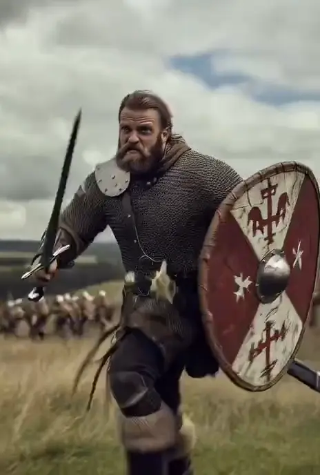 A warrior in mail charges across open grassland, sword raised, a painted round shield on his arm