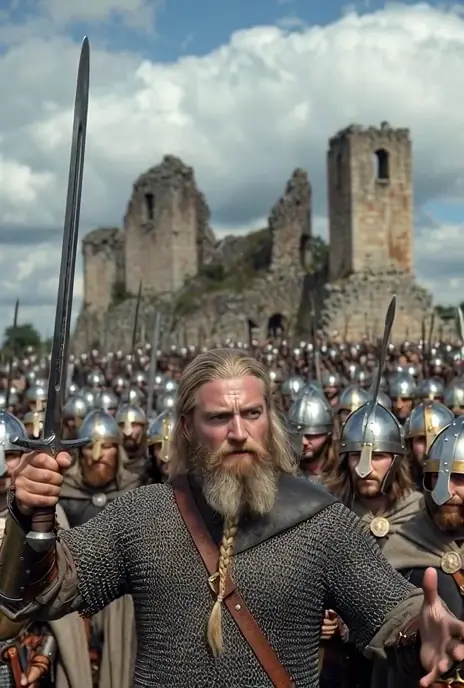 A bearded warrior in mail with a sword stands before a host of helmeted soldiers, a ruined stone keep on the hill behind them
