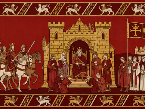 A woven frieze in the style of the Bayeux Tapestry. Anglo-Saxon warriors and a mounted king's warband process from the left, a crowned king sits in judgement before a stone hall at the centre, and on the right the scene resolves into a single assembly beneath one banner.